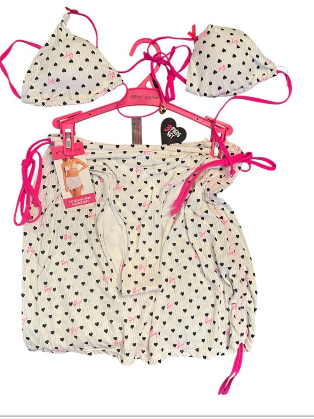 Betsey Johnson White Heart Print 3-Piece Swim Set with Hot Pink Ties